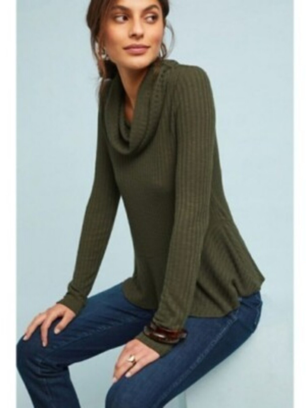 Anthropologie Maeve Green Winterscape Cowl Neck Peplum Top